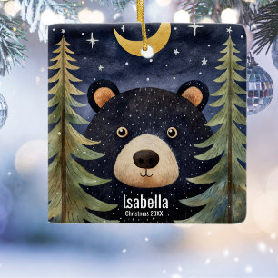 Ornamento De Cerâmica Natal Black Bear Night Moon Forrest