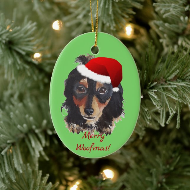 Ornamento De Cerâmica Natal Black Tan Long Haired Doxie Santa Hat (Árvore)