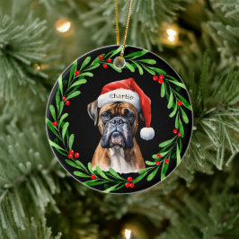 Ornamento De Cerâmica Natal Boxer Santa Hat Feriado
