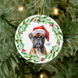 Ornamento De Cerâmica Natal Boxer Santa Hat Feriado<br><div class="desc">Ornamento da árvore de Natal Feriada com uma aquarela Boxer e design de coroa de água de Natal. Adicione o nome dos cachorros ao design e é a ideia perfeita de presente para aquele amante de cachorro que você conhece,  ou você mesmo!</div>