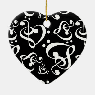 Ornamento De Cerâmica Natal branco preto da música do coração do Clef