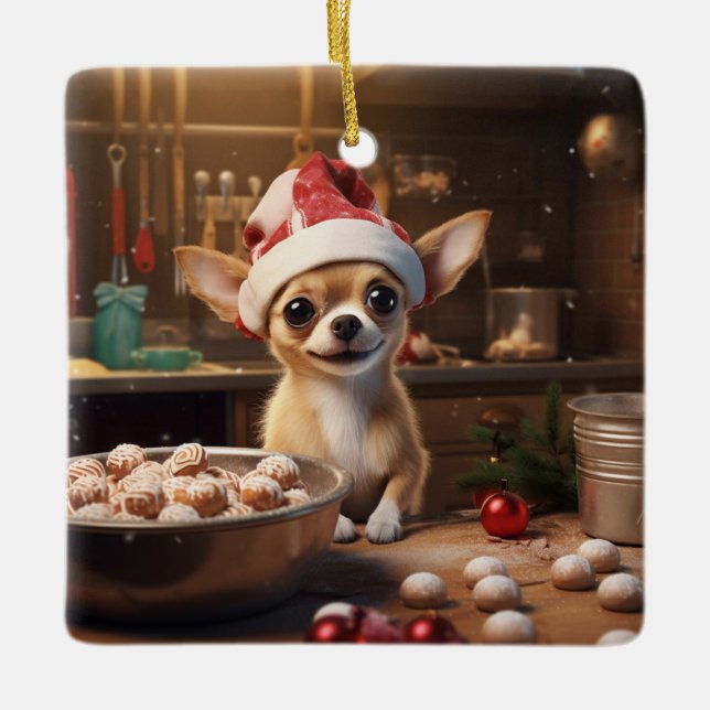 Ornamento De Cerâmica Natal Chihuahua Cookies Festivo Férias (Frente)