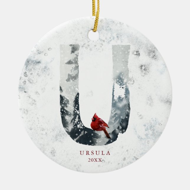 Ornamento De Cerâmica Natal clássico Monograma da cena de inverno com ne (Frente)