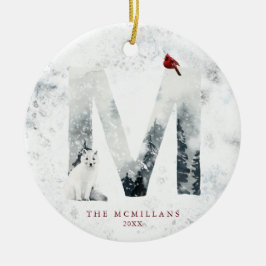 Ornamento De Cerâmica Natal clássico Monograma da cena de inverno M