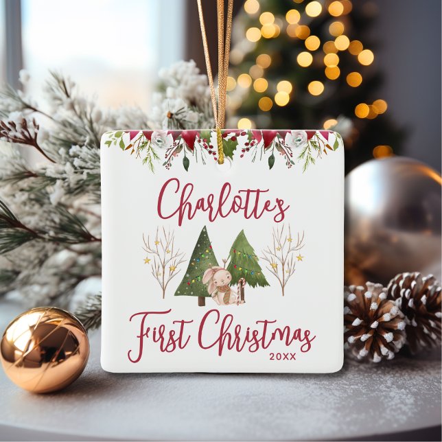 Ornamento De Cerâmica Natal clássico - Primeiro Natal do Bebê Floral (Criador carregado)