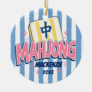 Ornamento De Cerâmica Natal com Listras Azuis de Mahjong