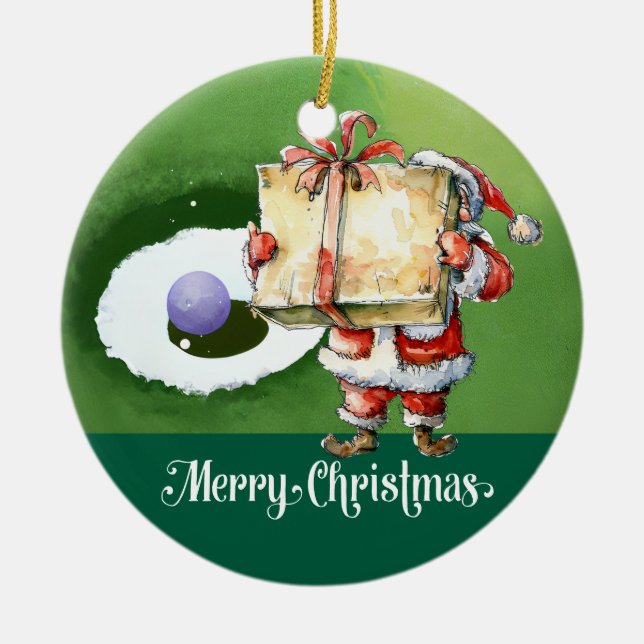 Ornamento De Cerâmica Natal com Papai Noel com grama verde (Frente)