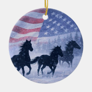 Ornamento De Cerâmica Natal Country Western Cavalos Selvagens na Neve