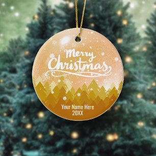 Ornamento De Cerâmica Natal Custom Cristal Dourado Floresta e Neve Feliz