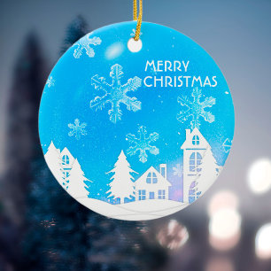 Ornamento De Cerâmica Natal da Casa Branca Azul Ano Novo
