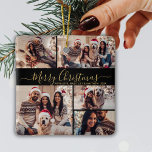 Ornamento De Cerâmica Natal da Colagem de Fotografias Dourada 5 Elegante<br><div class="desc">O Elegante moderno Script Preto e Dourado 5 Foto Colagem Merry Christmas Script Cerâmica Ornament. Apresenta um mínimo de cinco (5) modelo de colagem fotográfica uma bonito colagem em grade e um "Feliz Natal" dizendo! O texto de saudação do "Feliz Natal" é escrito em um belo texto escrito à mão,...</div>