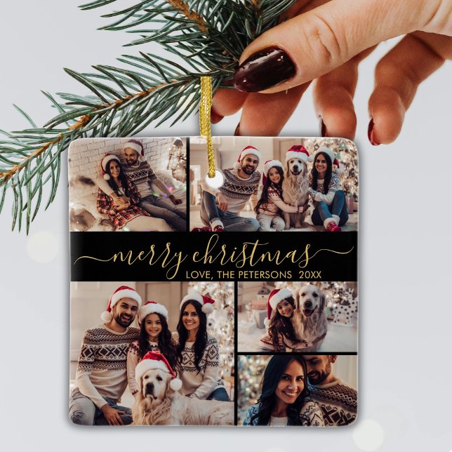 Ornamento De Cerâmica Natal da Colagem de Fotografias Dourada 5 Elegante (Criador carregado)