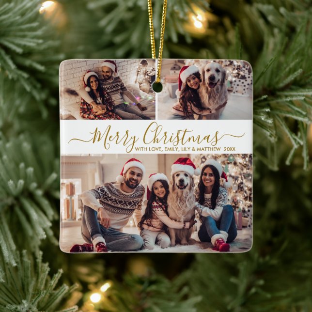 Ornamento De Cerâmica Natal da Colagem de Fotos do Elegante Dourado Whit (Árvore)