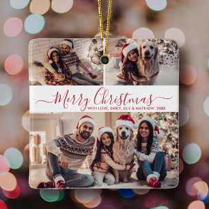 Ornamento De Cerâmica Natal da Colagem de Fotos do Elegante Red White 3