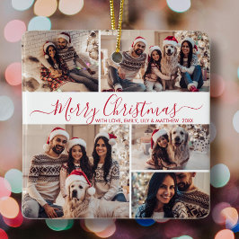 Ornamento De Cerâmica Natal da Colagem de Fotos do Elegante Red White 5