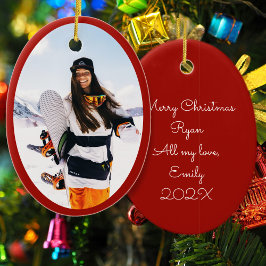 Ornamento De Cerâmica Natal da Foto Oval do Namorada de namorado