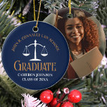 Ornamento De Cerâmica Natal da Graduação da Faculdade de Direito Dourado<br><div class="desc">Este Enfeites de natal de graduação de marinho de lei azul e ouro personalizado apresenta tipografia clássica para uma classe de formando 2025 e sua foto profissional. Personalize com o seu ano de graduação sob as escalas brancas de justiça para um excelente de advogado personalizado ou presente de fotografia de...</div>