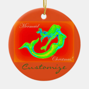 Ornamento De Cerâmica Natal da Sereia da Feliz personalizado