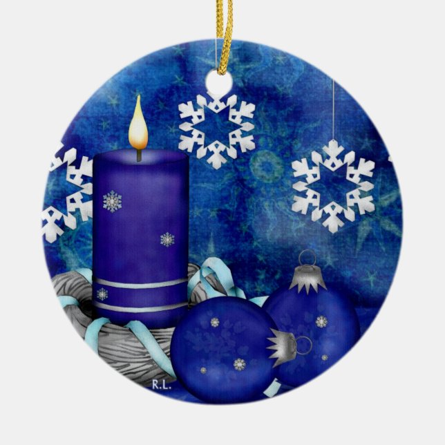 Ornamento De Cerâmica Natal da Vela Azul (Frente)
