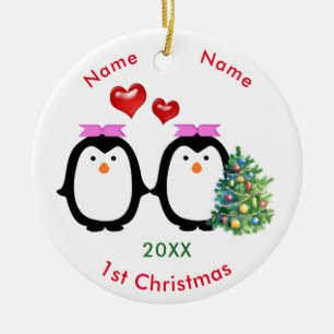 Ornamento De Cerâmica Natal das fêmeas Loving do casal dois do pinguim ø