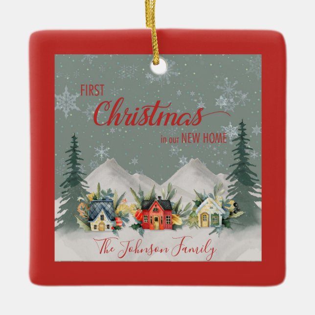 Ornamento De Cerâmica Natal de 1rua na Vila Nova de inverno (Frente)