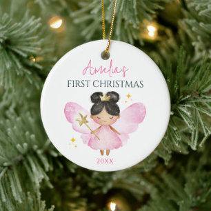 Ornamento De Cerâmica Natal de Bebê Menina Fada Rosa Personalizado