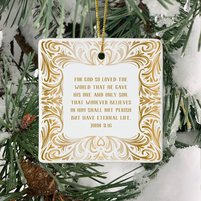 Ornamento De Cerâmica Natal de Bíblia do Elegante John 3:16 (Create a beautiful Christmas ornament gift with personal message on back of John 3:16 Bible Verse.)