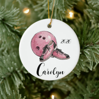 Ornamento De Cerâmica Natal de Boliche Rosa Personalizado 