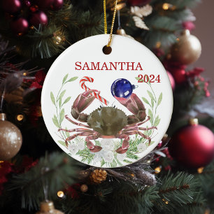 Ornamento De Cerâmica Natal de Caranguejo Aquarela Personalizada Crustác