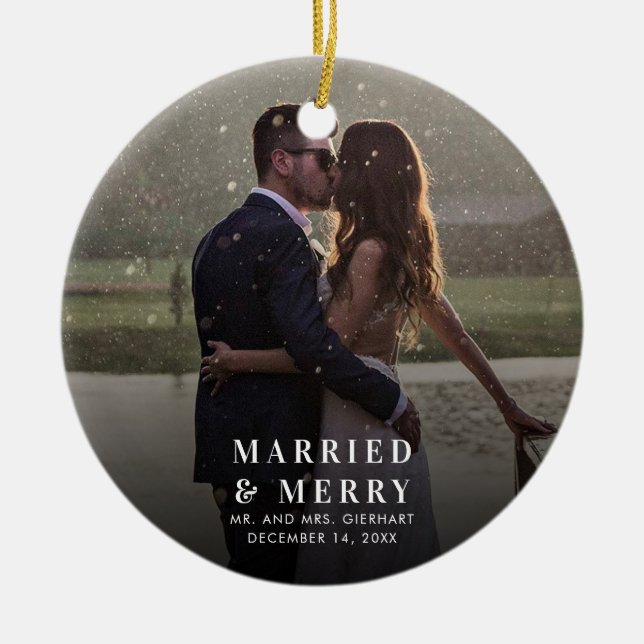 Ornamento De Cerâmica Natal de Casamento e Feliz (Frente)