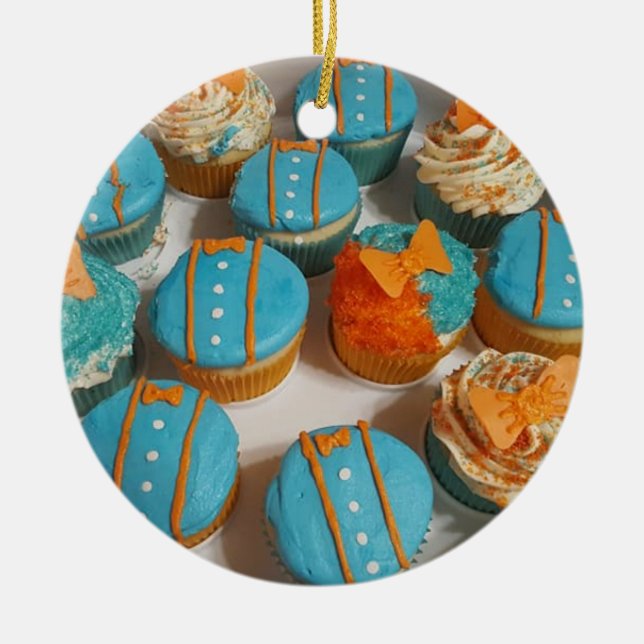 Ornamento De Cerâmica Natal de Cupcakes Azuis e Laranja (Frente)