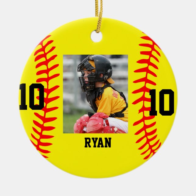 Ornamento De Cerâmica Natal de Foto Personalizada de Baseball em Script  (Frente)