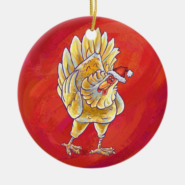 Ornamento De Cerâmica Natal De Frango Em Vermelho (Frente)