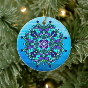 Ornamento De Cerâmica Natal de Mandala Azul e Roxo