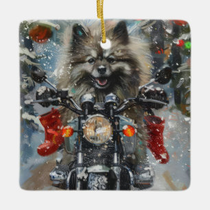 Ornamento De Cerâmica Natal de Motocicleta de Keeshond