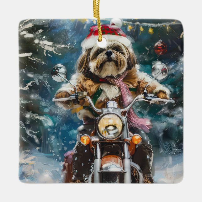 Ornamento De Cerâmica Natal de Motocicleta de Lhasa Apso (Frente)