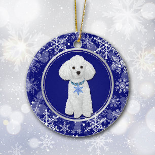 Ornamento De Cerâmica Natal de Poodle Branco Azul com Floco de Neve