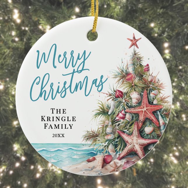 Ornamento De Cerâmica Natal de praia tropical (Tropical Beach Christmas Ceramic Ornament)