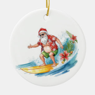 Ornamento De Cerâmica Natal de Surf no Havaí Tropical Papai Noel Feriado