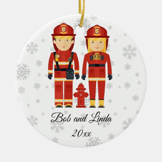 Ornamento De Cerâmica Natal do Casal de Bombeiros Personalizados (Frente)