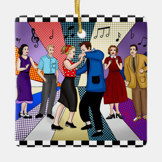 Ornamento De Cerâmica Natal do Casal Retro Nostálgico de 1950 (Frente)