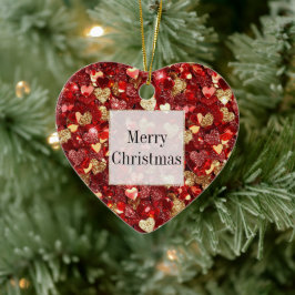 Ornamento De Cerâmica Natal do Red Dourado Glitter Hearts