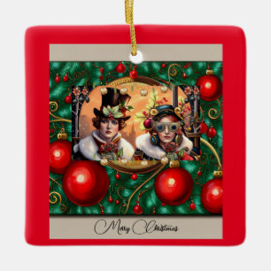 Ornamento De Cerâmica Natal do Steampunk Two Hearts
