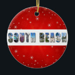Ornamento De Cerâmica Natal do Viagem de South Beach Miami Florida<br><div class="desc">Mostre seu amor por South Beach,  Miami,  Flórida nesta temporada de festas com este Enfeites de natal festivo de viagem! A colagem colorida apresenta oceano,  praia,  palmeira,  estação salva-vidas e outras fotos!</div>