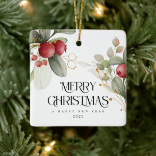 Ornamento De Cerâmica Natal Elegante Aquarela Berry Classic Round S
