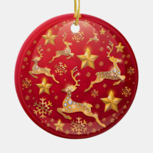 Ornamento De Cerâmica Natal Elegante com Rena em Vermelho e Dourado