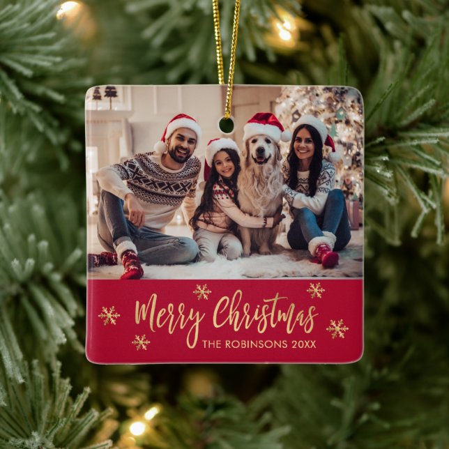 Ornamento De Cerâmica Natal Elegante, Floco de Neve Vermelho e Dourado N (Árvore)