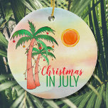 Ornamento De Cerâmica Natal em julho Cerâmica Ornament<br><div class="desc">Você está celebrando o Natal em julho deste ano? Adicione este Enfeites de natal de estilo ilha ao seu decoro de festa. É decorada com palmeiras de aquarelas decoradas como árvores de Natal em fundo de aquarela. Porque nós criamos nosso próprio trabalho de arte você não encontrará essa imagem exata...</div>