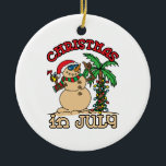 Ornamento De Cerâmica Natal em julho Snowman Sand Beach<br><div class="desc">Legal Natal em julho design apresenta boneco de neve feito de areia parado ao lado da palmeira</div>