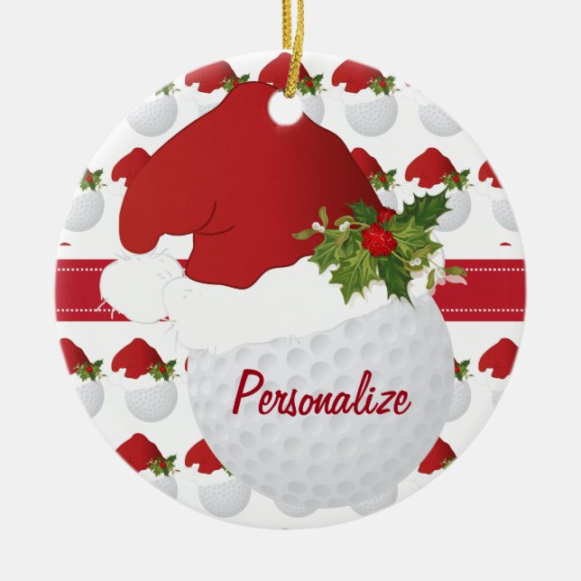 Ornamento De Cerâmica Natal Esporte Golf Ball Santa Hat (Frente)